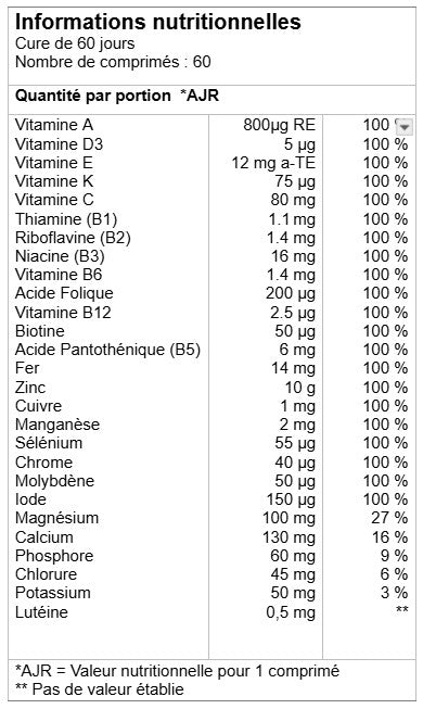 Vitamines Complex - 27 nutriments essentiels bioactifs dont vitamines A, E, C, D et groupe B, zinc, magnésium, iode, chrome, sélénium et antioxydants