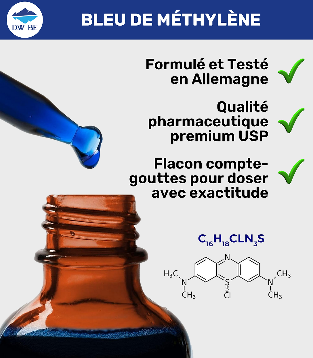 Bleu de Méthylène Pur à 99% (analyses présentes sur le site, sans métaux lourds)  - 100 ml - DW BE