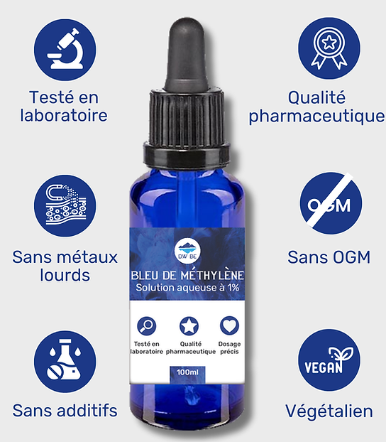 Bleu de Méthylène Pur à 99% (analyses présentes sur le site, sans métaux lourds)  - 100 ml - DW BE